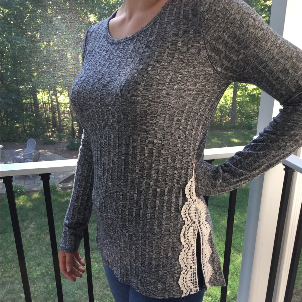 Grey Striped Top with Lace Accents